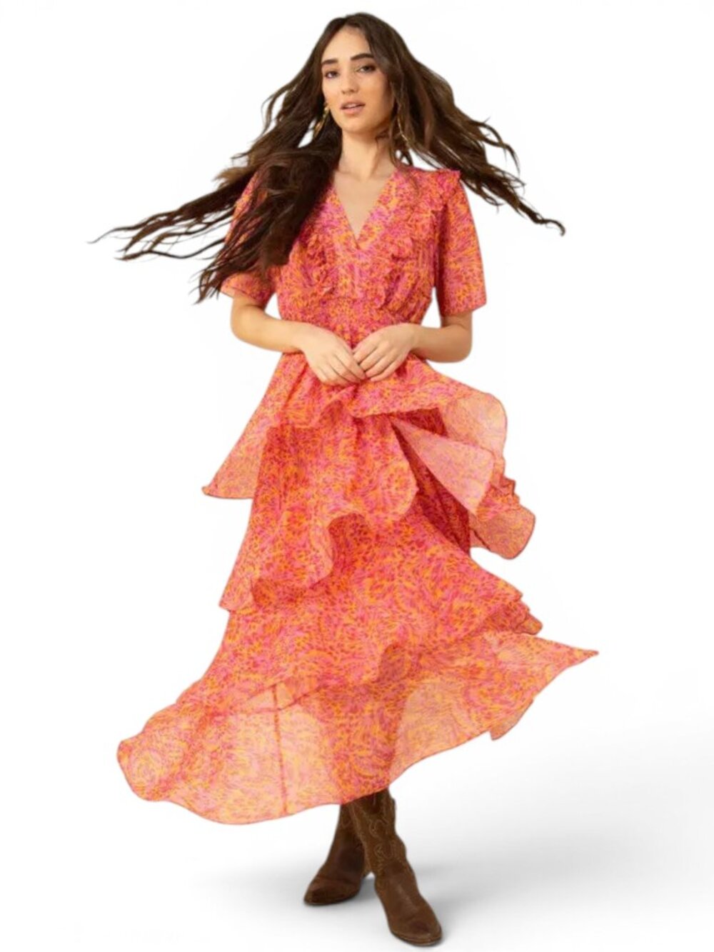 Hale Bob Laylee Tiered Chiffon Dress Pink V-Neck Puff Sleeves Flowy New NWT S
